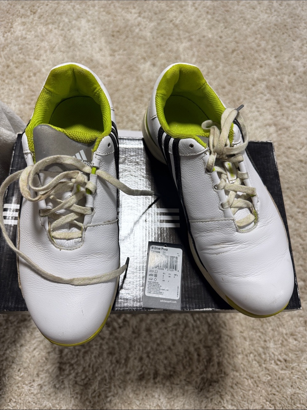 adidas White Athletic Golf Shoes with Lime Interior and Black Stripe